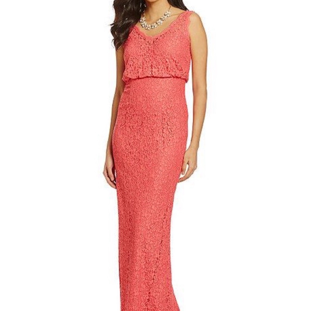 Adrianna Papell coral pink lace maxi dress Sz 4 beautiful
